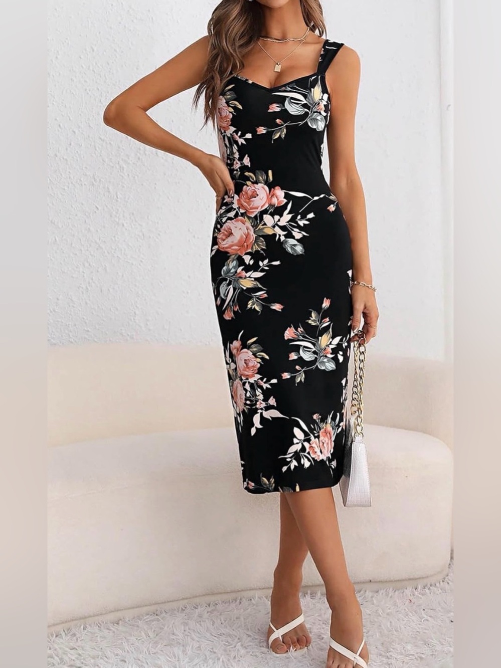 Rouge! Black Midi Dress with Peach Floral Print